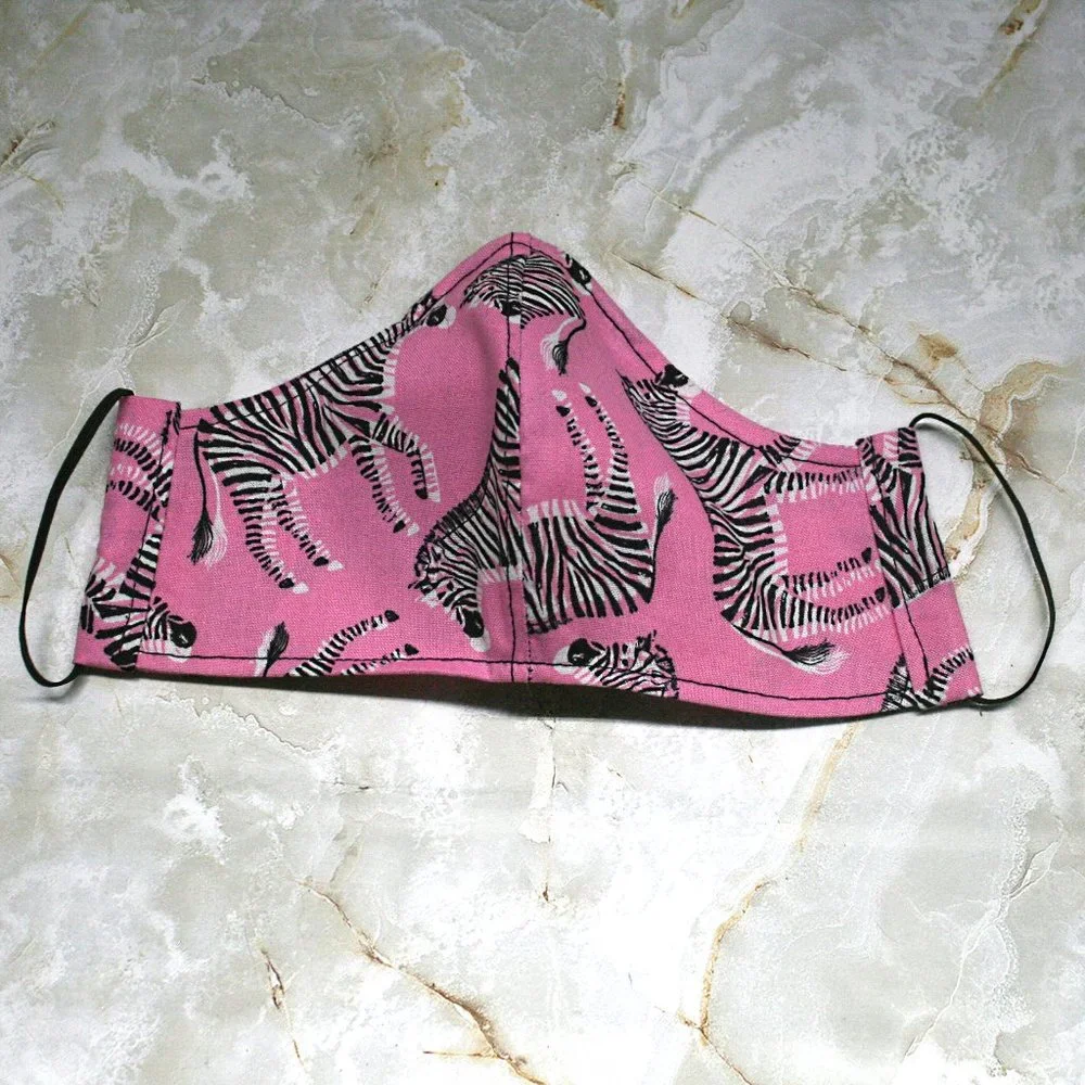 HAND CRAFTED Face Mask Pink Zebra Adult Cloth Fabric Print - Shield Style